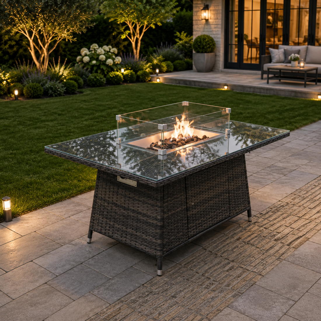 Dark Grey Mix Rattan Gas Fire Pit Table Dining Table Garden Furniture Accessory