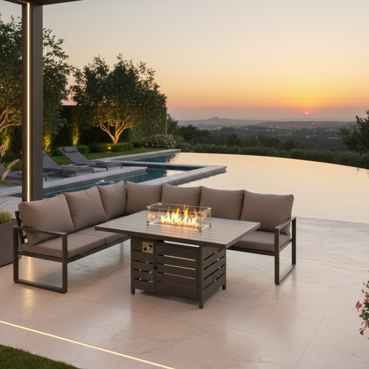 Aluminum Outdoor Garden Furniture Corner Sofa Gas Fire Pit Dining Table Sets Gas Heater Burner Dark Grey 6 Seater
