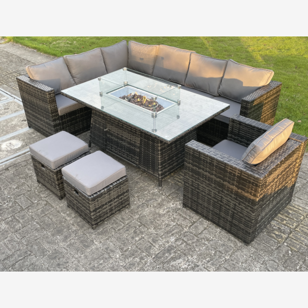 9 Seater Outdoor Rattan Garden Furniture Gas Fire Pit Table Sets Gas Heater Lounge Small Footstools Chair Dark Grey Mixe 2 Option