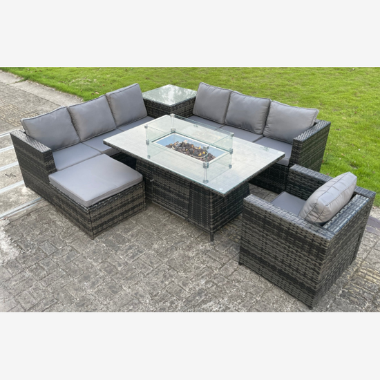 8 seater Outdoor Rattan Garden Corner Furniture Set Gas Fire Pit Table Sets Gas Heater Lounge Chair Big Footstool Dark Grey