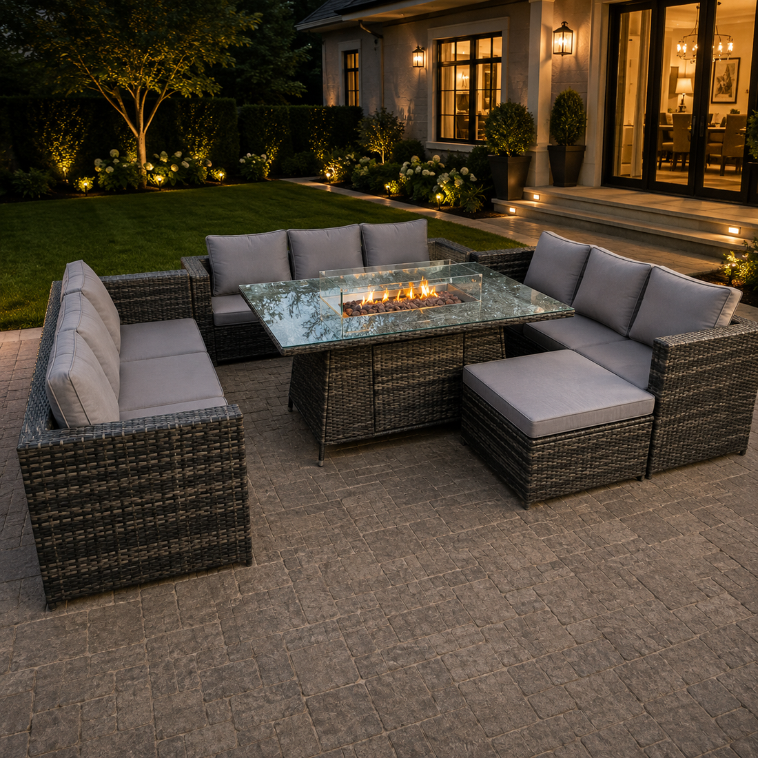 10 seater Outdoor Rattan Garden U Shape Furniture Gas Fire Pit Table Sets Gas Heater Lounge Sofa Dark Grey Big Footstool