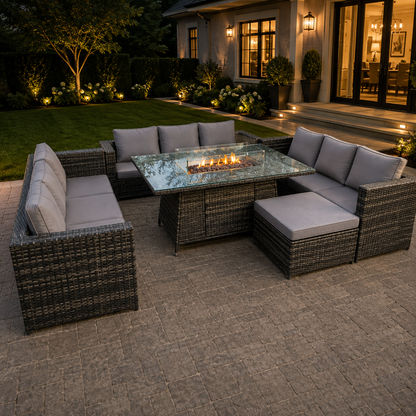 10 seater Outdoor Rattan Garden U Shape Furniture Gas Fire Pit Table Sets Gas Heater Lounge Sofa Dark Grey Big Footstool