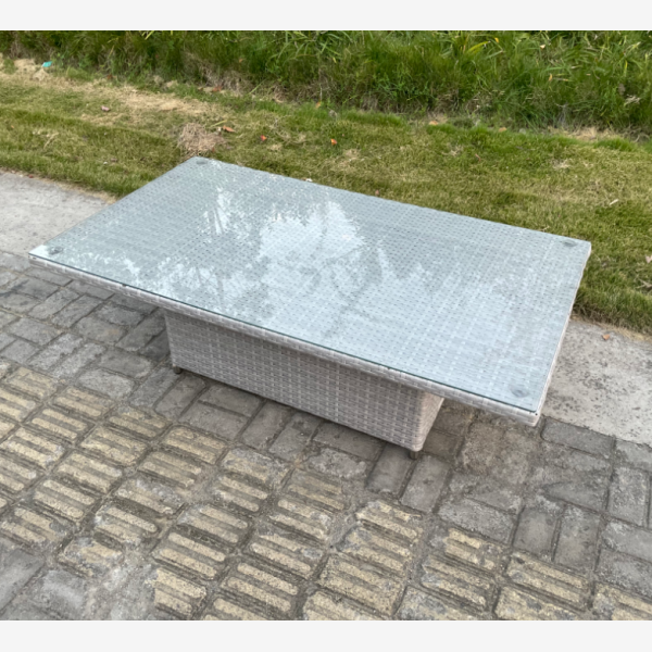 PE Wicker Rattan Garden Furniture Adjustable Rising Dining or Coffee Table In Light Grey Mixed With Clear Tempered Glass Semi Assembled