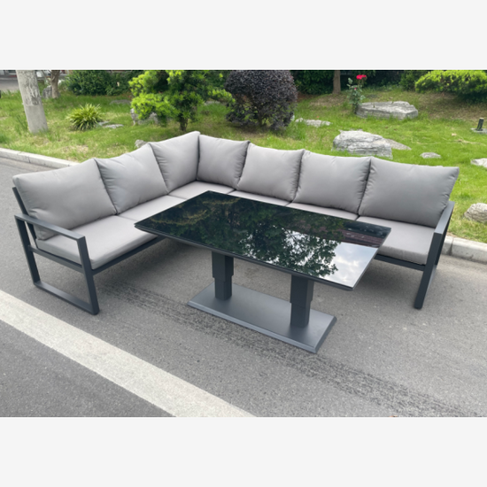 Fimous Aluminum Outdoor Garden Furniture Corner Sofa Adjustable Rising Lifting Dining Table Sets Dark Grey Black Tempered Glass 6 Seater