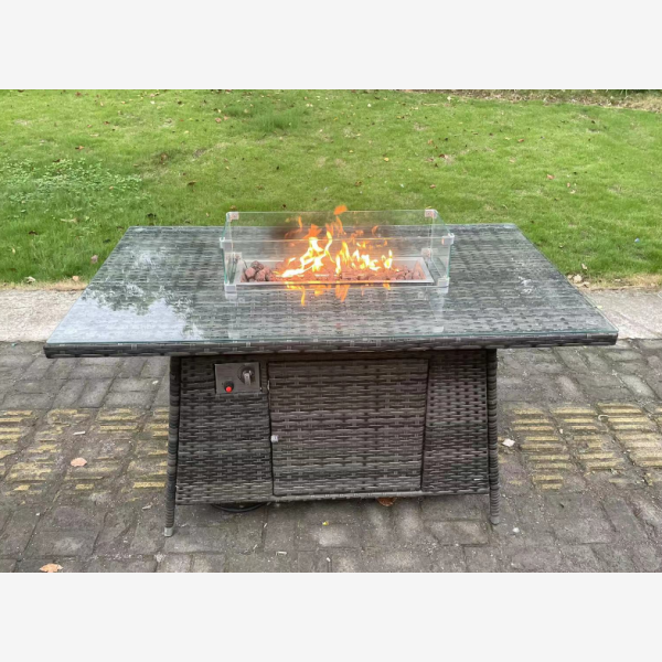 8 seater Outdoor Rattan Garden Corner Furniture Set Gas Fire Pit Table Sets Gas Heater Lounge Small Footstools Dark Grey