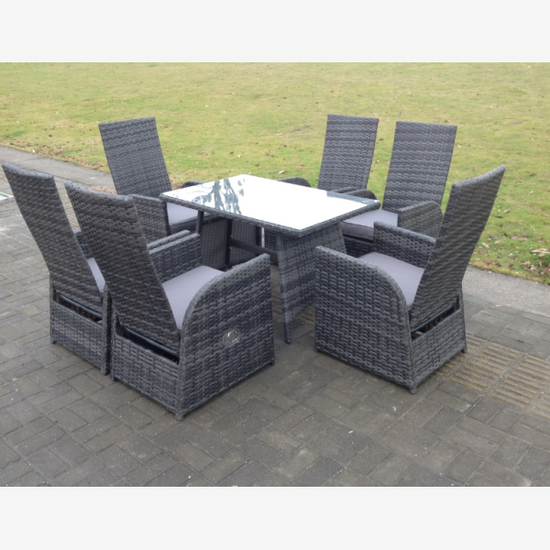 6 seater oblong reclining rattan dining set outdoor garden furniture mixed grey