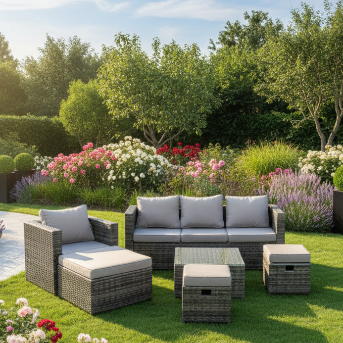 6 PCS Outdoor Lounge Sofa Set Wicker PE Rattan Garden Furniture Set with Armchair Square Coffee Table 3 Small Footstools Dark Grey Mixed