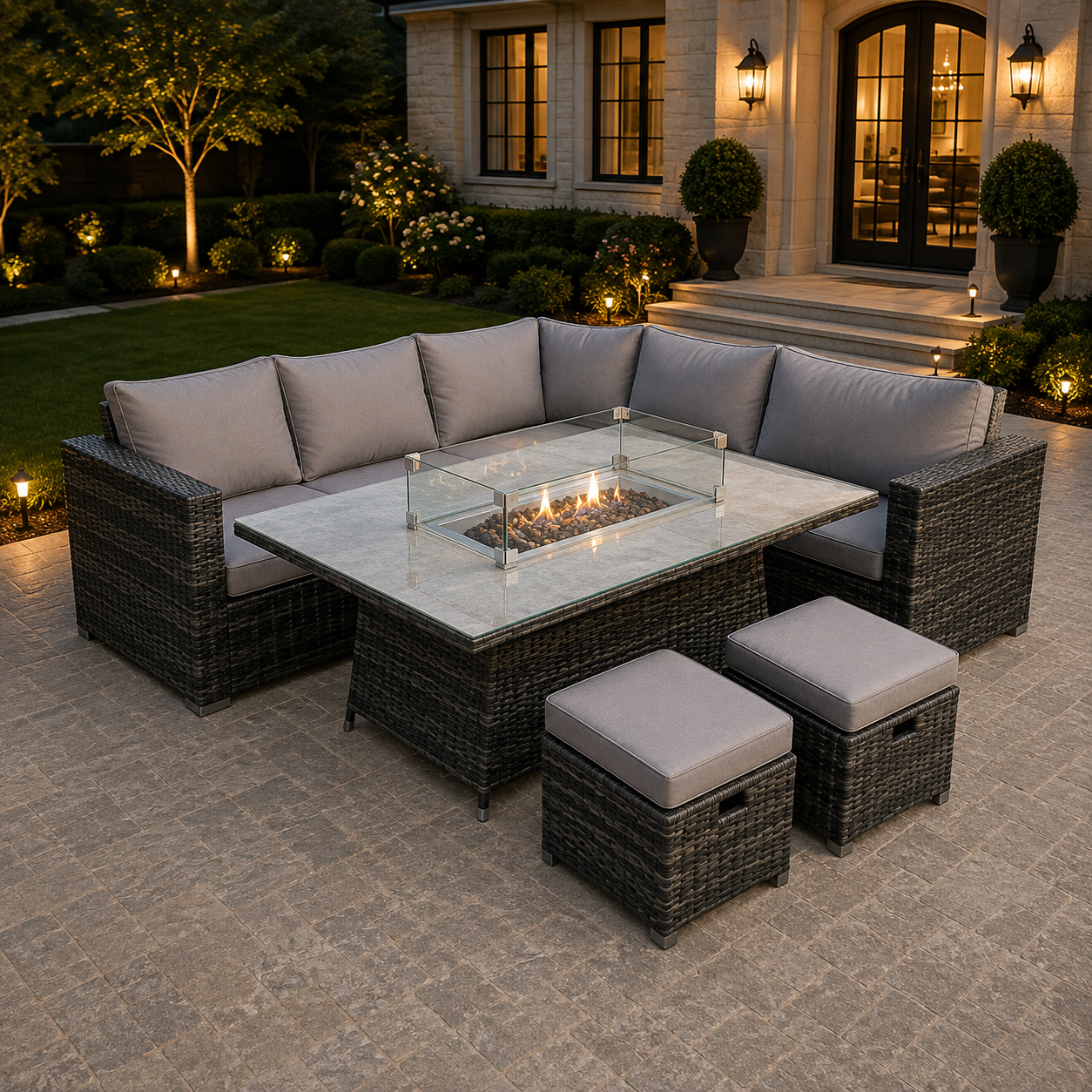8 seater Outdoor Rattan Garden Right Corner Furniture Gas Fire Pit Table Sets Gas Heater Lounge Small Footstools Dark Grey