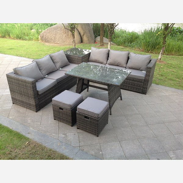 Corner rattan sofa set dining table outdoor garden furniture with footstool dark grey mixed 8 seater