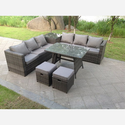 Corner rattan sofa set dining table outdoor garden furniture with footstool dark grey mixed 8 seater