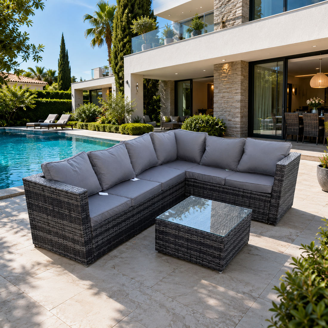 Right arm 6 seater rattan corner sofa set coffee table patio furniture