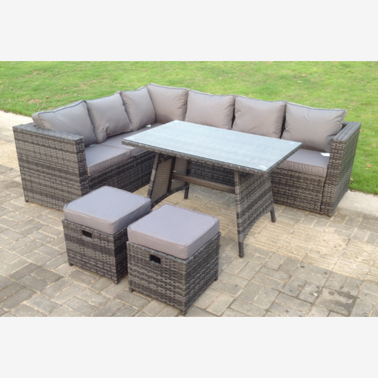 Fimous Dark Mixed Grey Rattan Garden Outdoor Corner Sofa Set Rectangular Dining Table Small Footstools 8 Seater