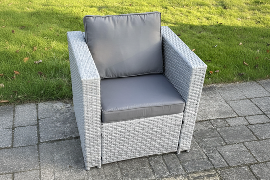 Light Grey PE Rattan Single Arm Chair Sofa Outdoor Garden Furniture With Seat And Back Cushion