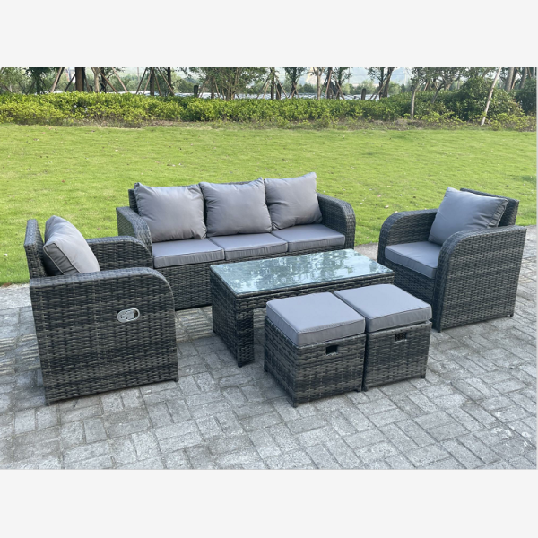 Dark Mixed Grey Rattan Outdoor Garden Furniture Oblong Coffee Table Sets lounge Sofa Recling Chairs Small Footstools 7 Seater