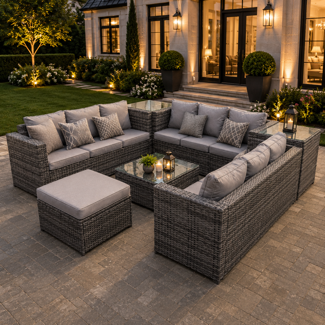 10 seater U shape rattan sofa set outdoor garden furniture patio with 3 table Dark Grey Mixed