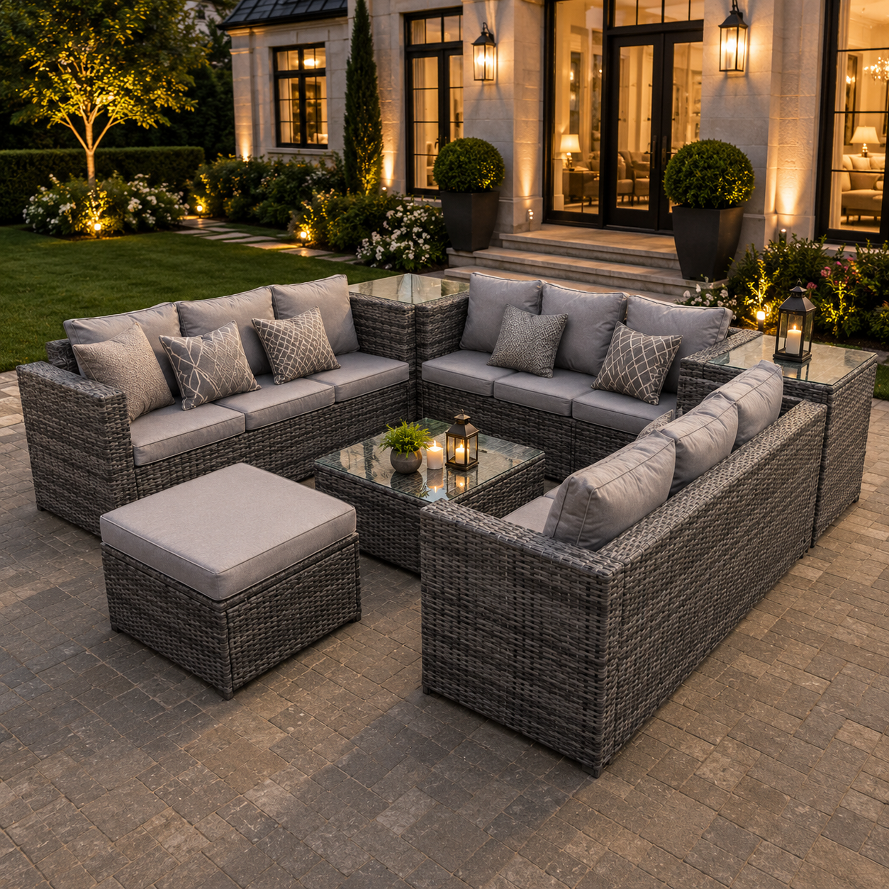 10 seater U shape rattan sofa set outdoor garden furniture patio with 3 table Dark Grey Mixed