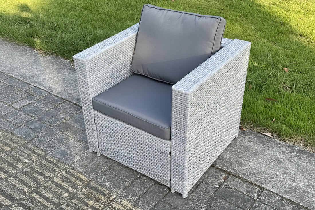 Light Grey PE Rattan Single Arm Chair Sofa Outdoor Garden Furniture With Seat And Back Cushion