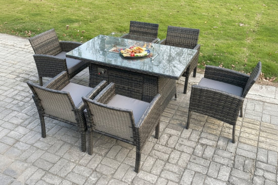 Fimous Outdoor Rattan Garden Furniture Set Gas Fire Pit Rectangular Table Sets Gas Heater with 6 Seater Dining Cahirs Dark Grey Mixed