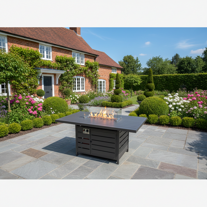 Aluminium Outdoor Garden Furniture Set Gas Fire Pit Dining Table Set Gas Heater Burner with 2 Arm Chair 2 Side Tables Dark Grey 5 Seater
