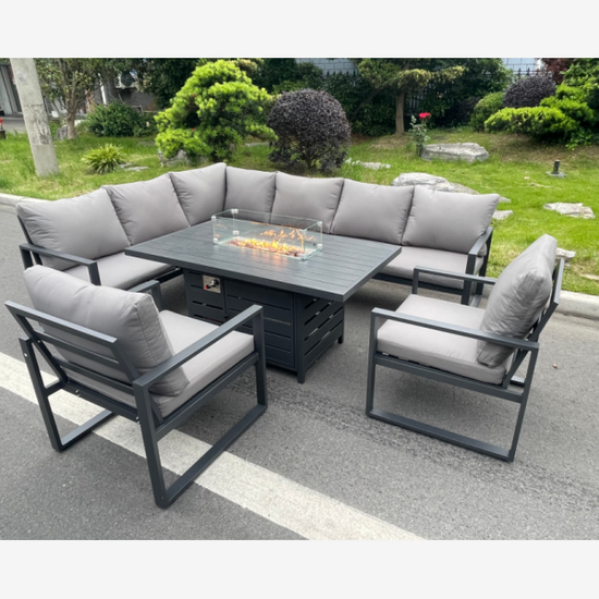 Fimous Aluminum Outdoor Garden Furniture Set Corner Sofa 2 PC Chairs Gas Fire Pit Dining Table Set Gas Heater Burner Dark Grey 8 Seater