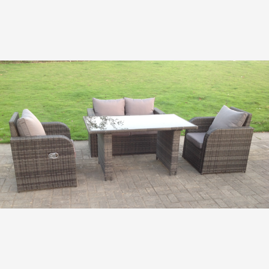 Fimous Rattan Garden Furniture Set Adjustable Chair Double Love Seat 2 Seater Sofa Oblong Rectangular Black Glass Dining Table