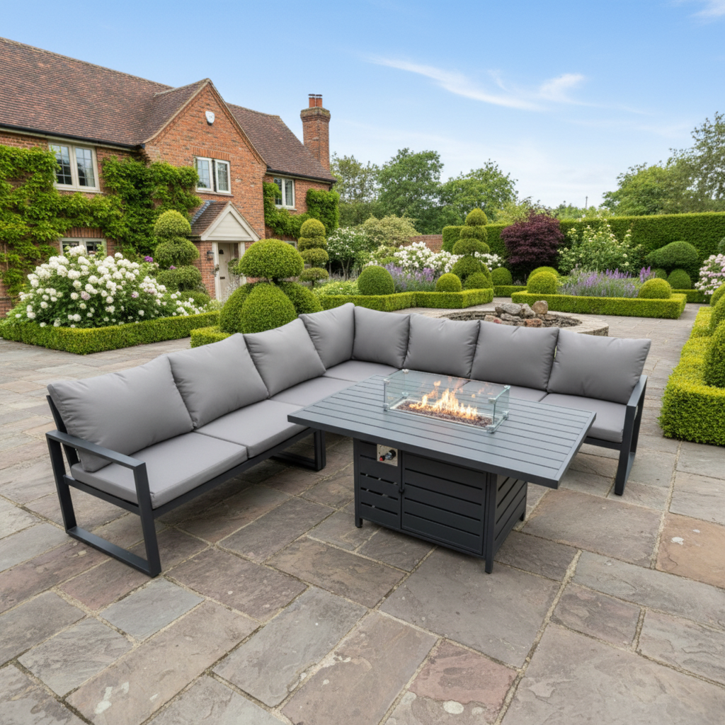 Aluminum Outdoor Garden Furniture Corner Sofa Gas Fire Pit Dining Table Sets Gas Heater Burner Dark Grey 7 Seater