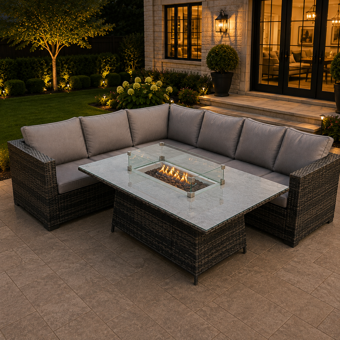 6 seater Outdoor Rattan Garden Left Corner Furniture Set Gas Fire Pit Table Sets Gas Heater Lounge Dark Grey