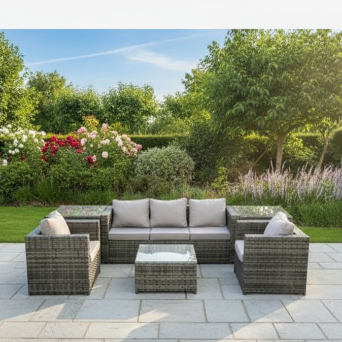 Wicker 6 Pieces Rattan Garden Furniture Sofa Set with Armchair 2 Side Tables Square Coffee Table Dark Grey Mixed