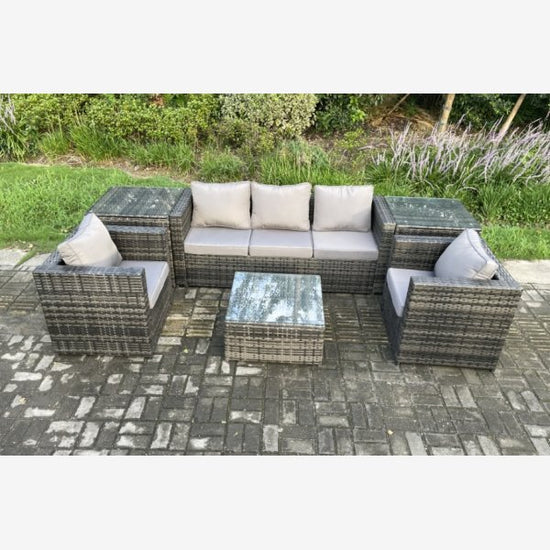 Fimous Wicker 6 Pieces Rattan Garden Furniture Sofa Set with Armchair 2 Side Tables Square Coffee Table Dark Grey Mixed