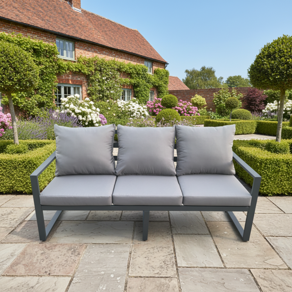 Aluminium Outdoor Garden Furniture Set Gas Fire Pit Dining Table Set Gas Heater Burner with 2 Arm Chair 2 Side Tables Dark Grey 5 Seater