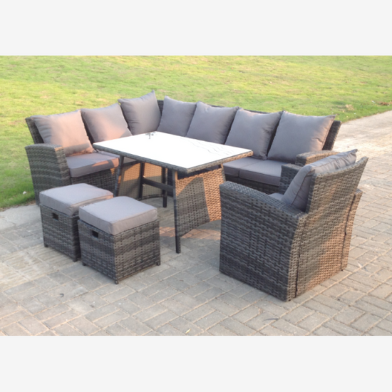 Fimous High Back Dark Mixed Grey Rattan Corner Sofa Set Outdoor Furniture Rectangular Dining Table 2 Small Footstools Chair 9 Seater