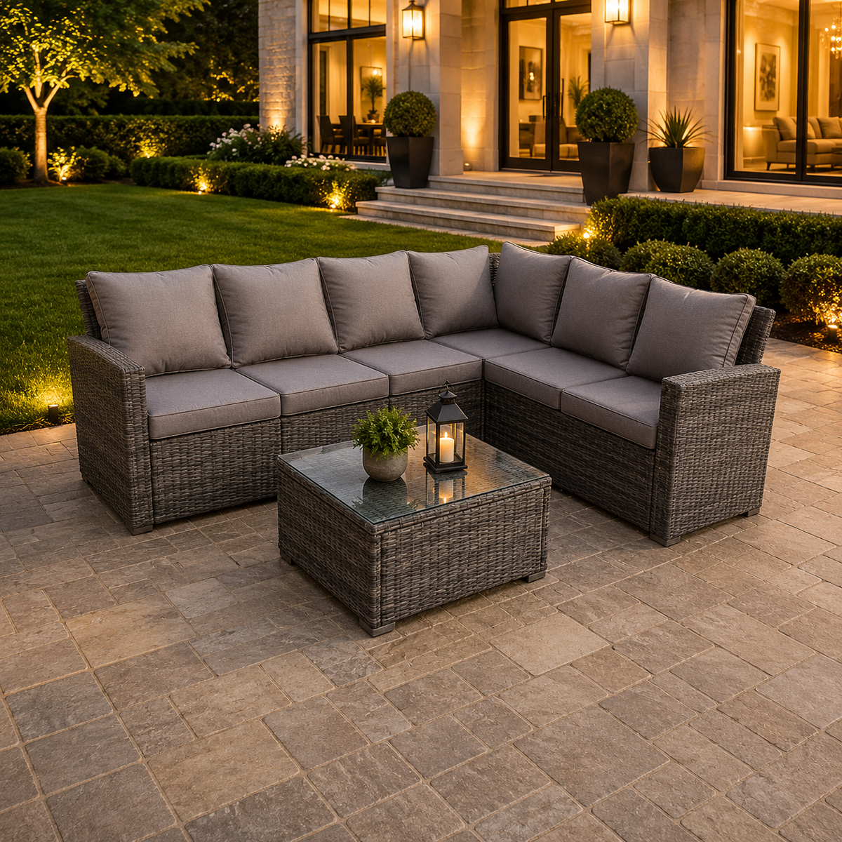 High back rattan corner sofa set table outdoor garden furniture mixed grey
