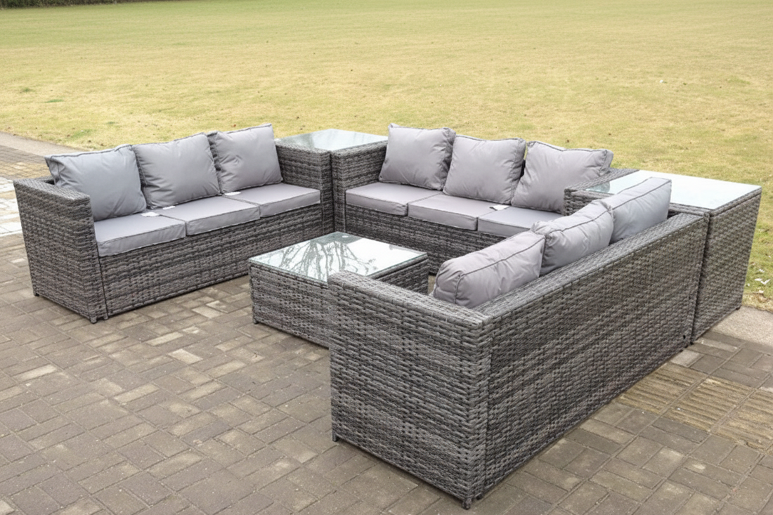 Patio 9 Seater U Shape Rattan Sofa Set Patio Outdoor Garden Furniture With 3 Coffee Table Dark Grey Mixed