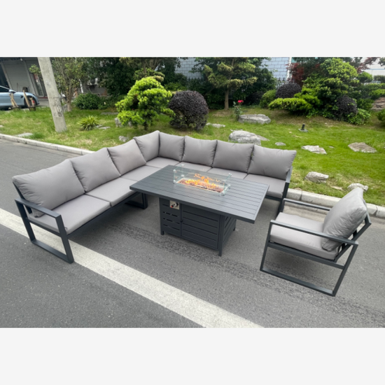 Fimous Aluminum Outdoor Garden Furniture Corner Sofa Chair Gas Fire Pit Dining Table Sets Gas Heater Burner Dark Grey 8 Seater