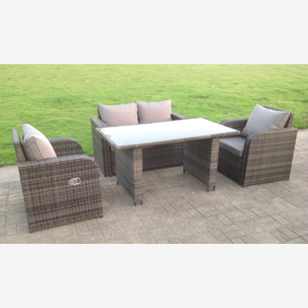Rattan Garden Furniture Set Adjustable Chair Double Love Seat 2 Seater Sofa Oblong Rectangular Black Glass Dining Table