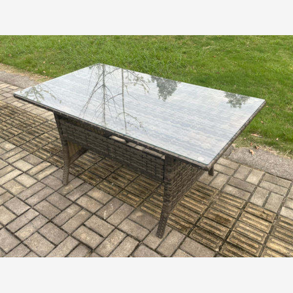 PE Wicker Outdoor Garden Furniture Set Patio Furniture Rattan Rectangular Dining Table Lounge Sofa with Side Table 2 Small Footstool