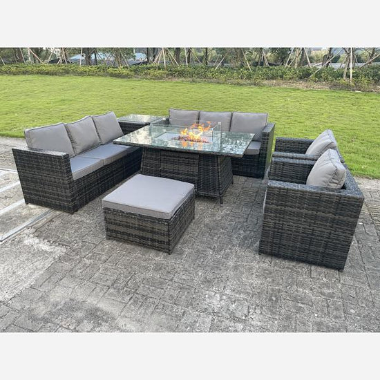 Oudoor Rattan Garden Furniture Gas Fire Pit Table Sets Lounge Chairs Dark Grey
