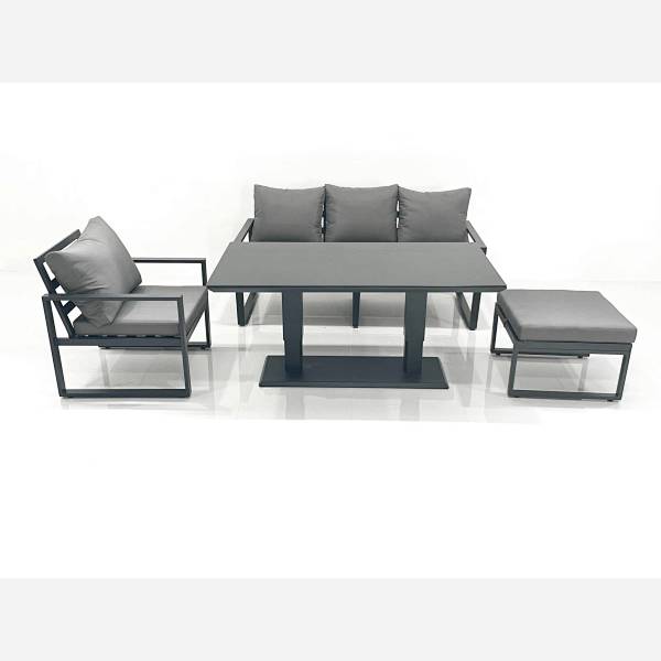 Outdoor Aluminium Garden Furniture Set with Adjustable Rising Lifting Dining Table 3 Seater Sofa Chair Big Footstool Dark Grey
