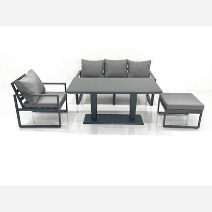 Outdoor Aluminium Garden Furniture Set with Adjustable Rising Lifting Dining Table 3 Seater Sofa Chair Big Footstool Dark Grey