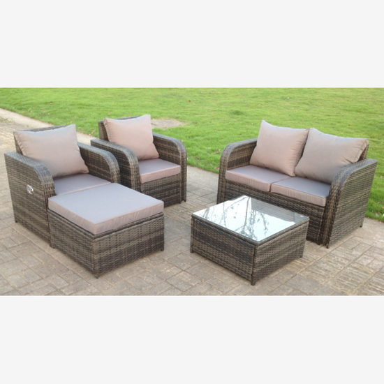 Fimous PE Rattan Garden Furniture Set Adjustable Chair Sofa Double Love Seat 2 Seater Sofa Square Coffee Table With Big Footstool