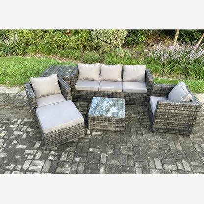 6 Seater Outdoor Lounge Sofa Set Wicker PE Rattan Garden Furniture Set with Armchair Square Coffee Table Big Footstool Dark Grey Mixed
