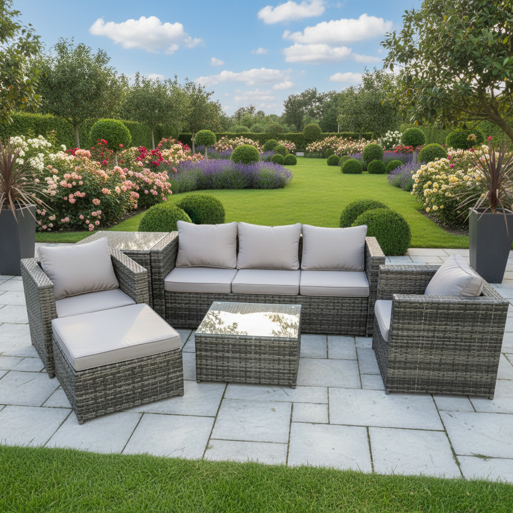 6 Seater Outdoor Lounge Sofa Set Wicker PE Rattan Garden Furniture Set with Armchair Square Coffee Table Big Footstool Dark Grey Mixed