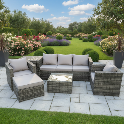 6 Seater Outdoor Lounge Sofa Set Wicker PE Rattan Garden Furniture Set with Armchair Square Coffee Table Big Footstool Dark Grey Mixed