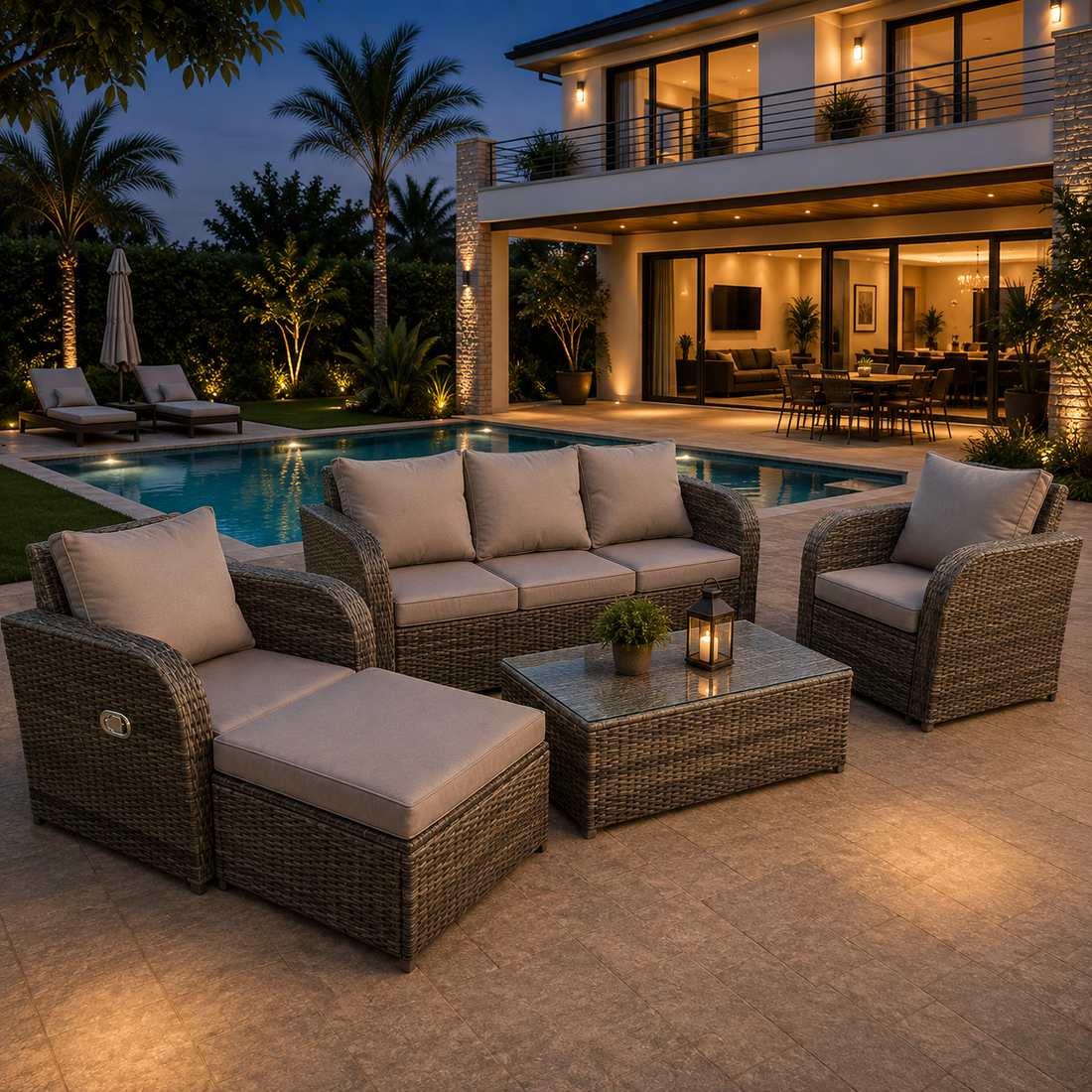 6 Seater Rattan Reclining Sofa Oblong Coffee Table Set