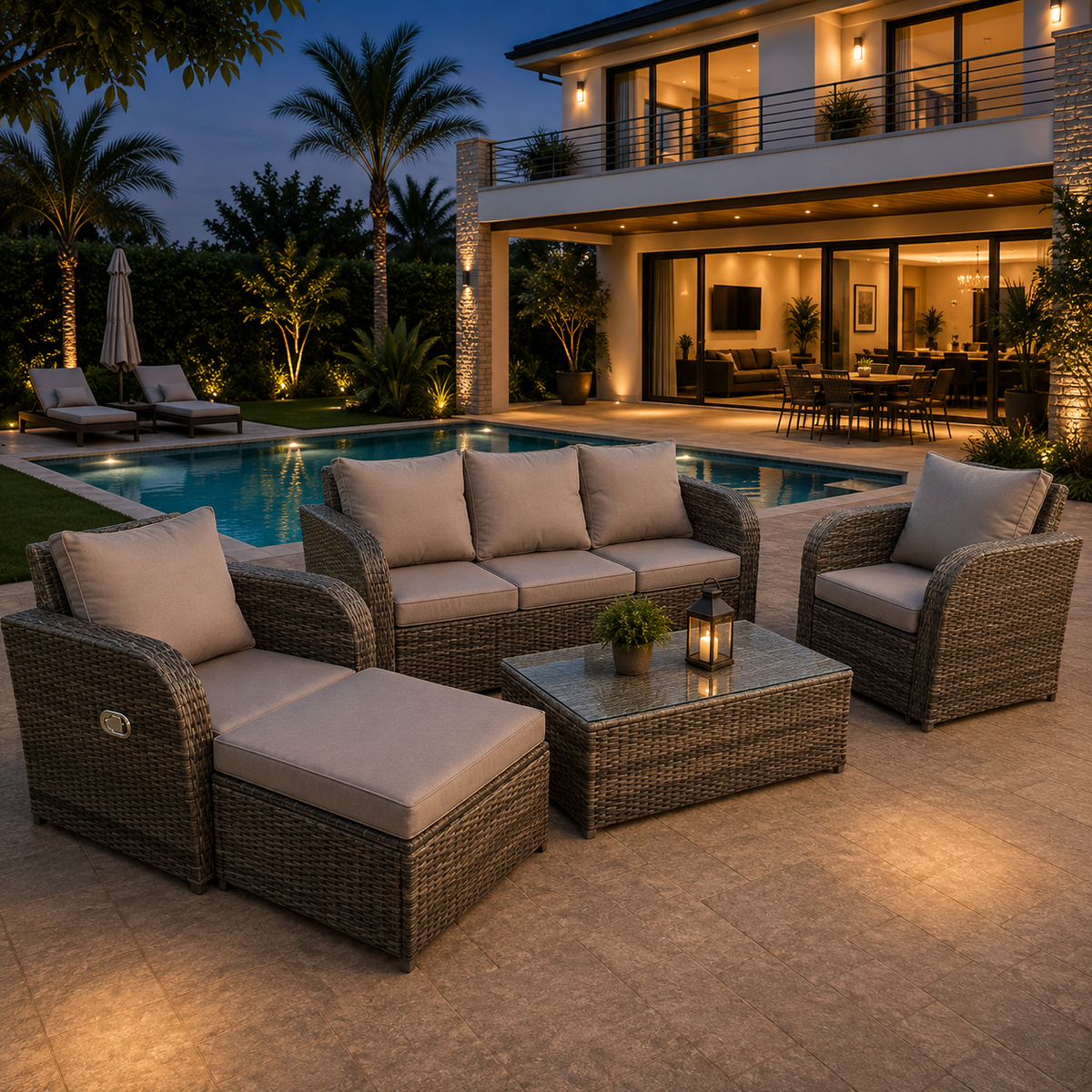 6 Seater Rattan Reclining Sofa Oblong Coffee Table Set
