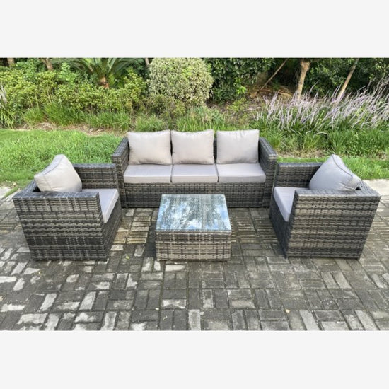 Fimous Outdoor Lounge Sofa Set Wicker PE Rattan Garden Furniture Set with Armchair Square Coffee Table Dark Grey Mixed