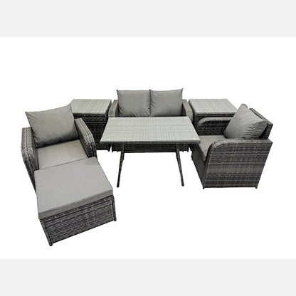Outdoor Garden Furniture Set Rattan Sofa Dining Table Set with Reclining Chair 2 Side Tables Big Footstool Dark Grey Mixed
