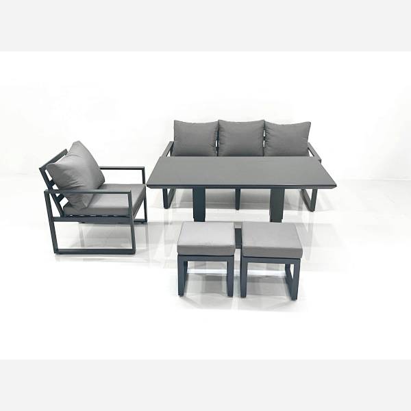 Outdoor Aluminium Garden Furniture Set with Adjustable Rising Lifting Dining Table 3 Seater Sofa Chair 2 Small Footstools Dark Grey