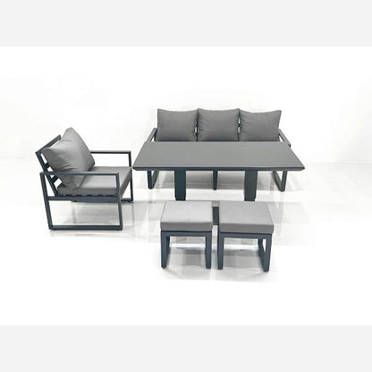 Outdoor Aluminium Garden Furniture Set with Adjustable Rising Lifting Dining Table 3 Seater Sofa Chair 2 Small Footstools Dark Grey
