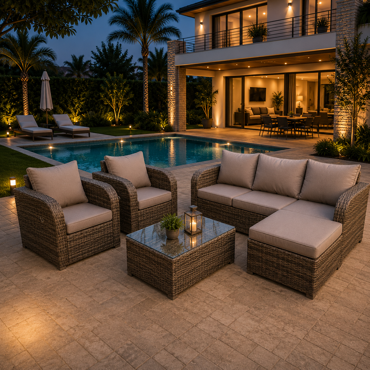 6 Seater Grey Reclining Rattan Sofa Set Coffee Table Footstool Garden Furniture Set Outdoor